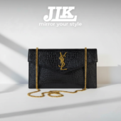 YSL Uptown Pouch in Crocodile-Embossed Shiny Leather – Black .