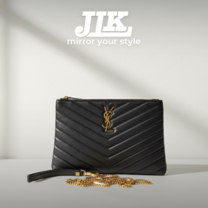 Saint Laurent Black Quilted Leather Pouch with Gold Chain .