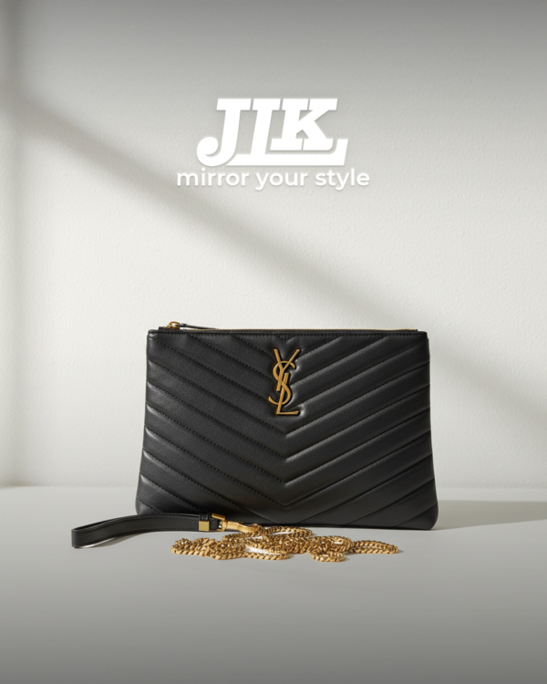 Saint Laurent Black Quilted Leather Pouch with Gold Chain .
