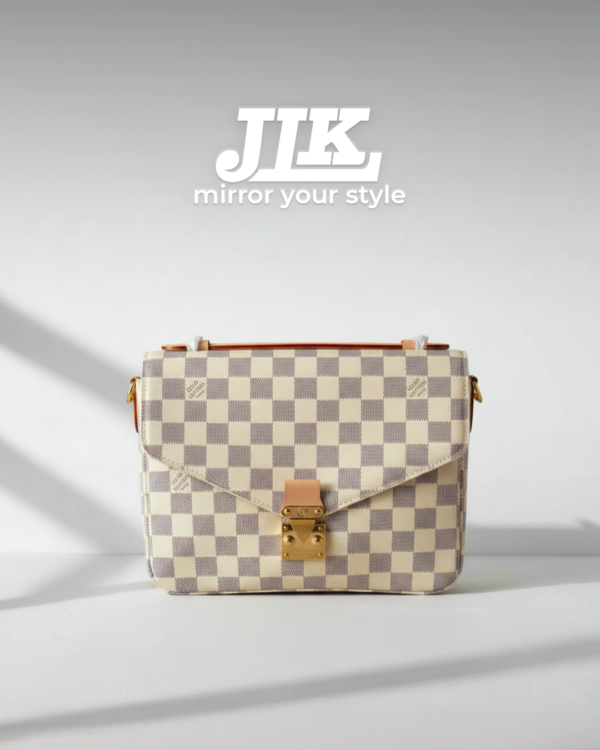 Checkered Tote Shoulder Handbag with Strap & Top Handle – White .