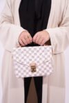Checkered Tote Shoulder Handbag with Strap & Top Handle – White .