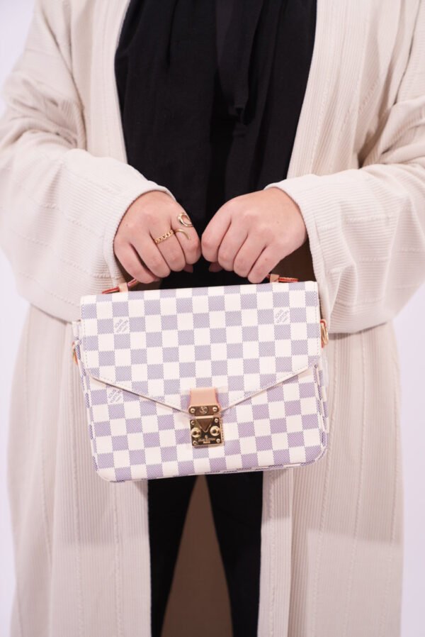 Checkered Tote Shoulder Handbag with Strap & Top Handle – White .